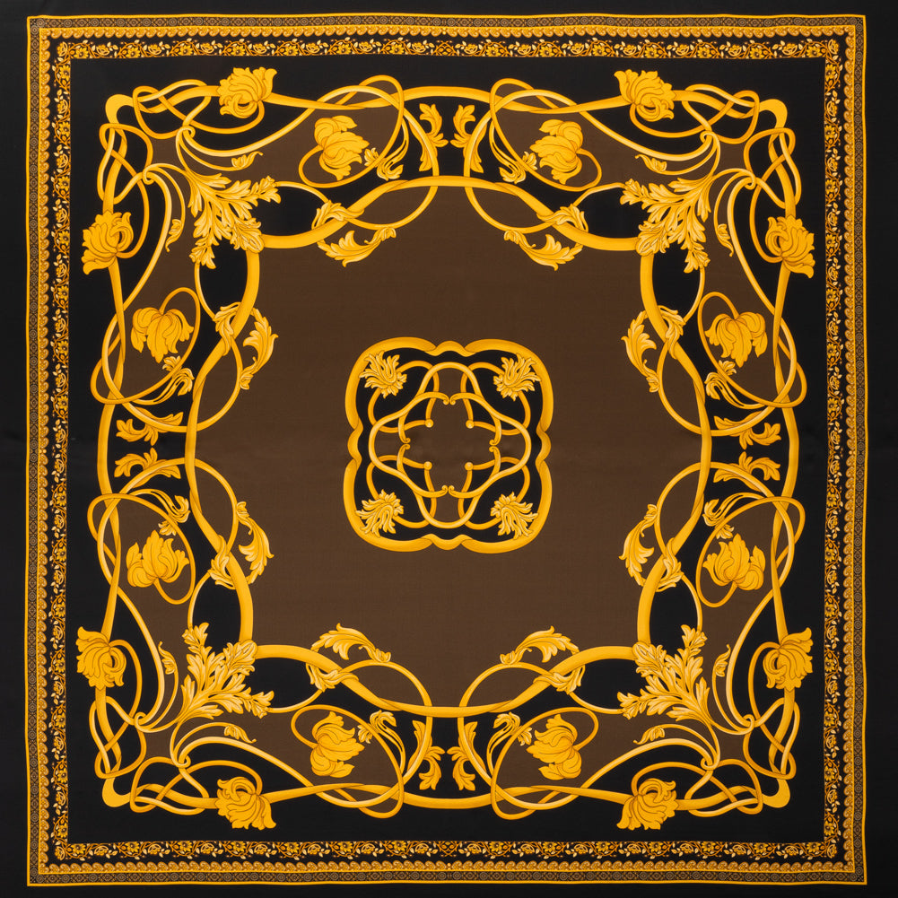 Silk Charmeuse Panel Print - Black, Brown and Gold Ornate Florals - Made in Italy