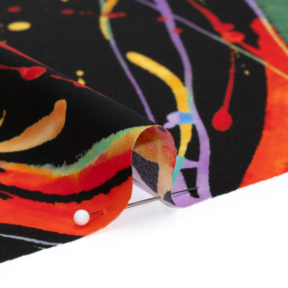 Silk Charmeuse Print - Black and Rainbow Paint Streaks and Splatters - Made in Italy