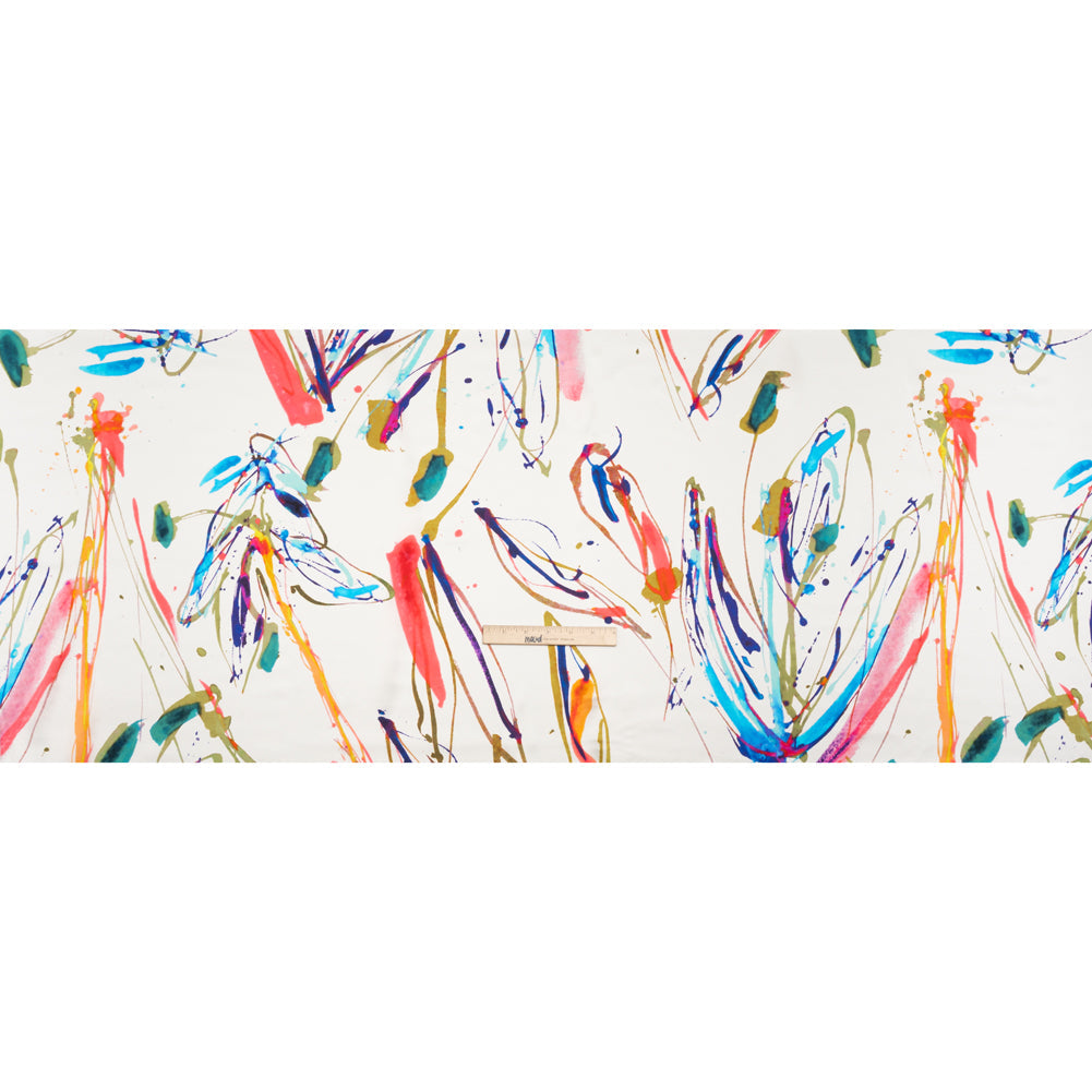 Silk Charmeuse Print - White and Rainbow Paint Streaks and Splatters - Made in Italy