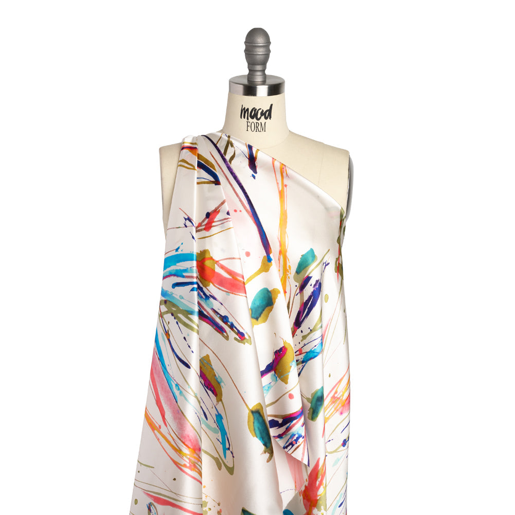 Silk Charmeuse Print - White and Rainbow Paint Streaks and Splatters - Made in Italy