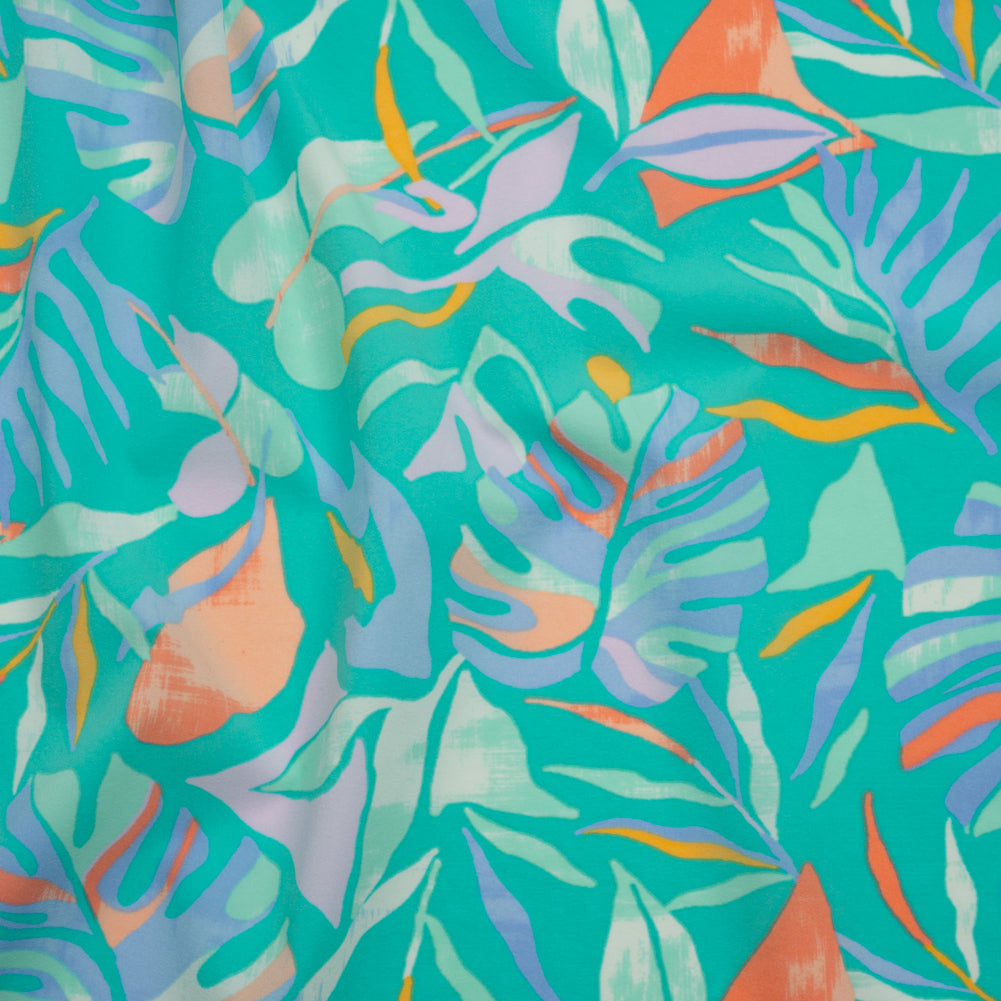 Stretch Nylon Crepe Print - Bright Teal, Periwinkle and Orange Tropical Leaves - Deadstock