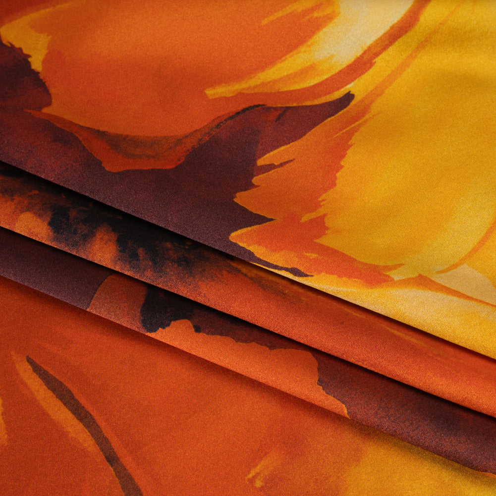 Silk Charmeuse Print 16MM, Made in Italy - Dark Orange, Golden Yellow and Russet Brown Painterly Flowers