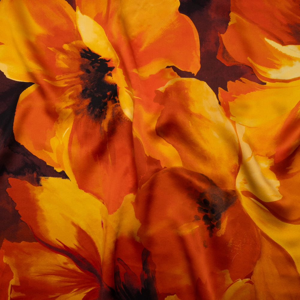 Silk Charmeuse Print 16MM, Made in Italy - Dark Orange, Golden Yellow and Russet Brown Painterly Flowers