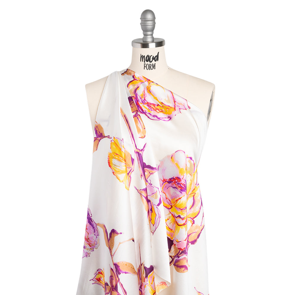 Silk Charmeuse Print 16MM, Made in Italy - Purple, Yellow and Beige Rose Garden Sketches on White