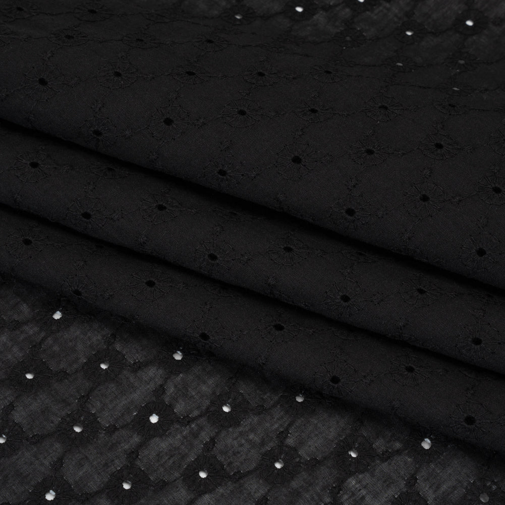Embroidered Eyelet Cotton Voile - Black Flower Lattice - Naomi Collection