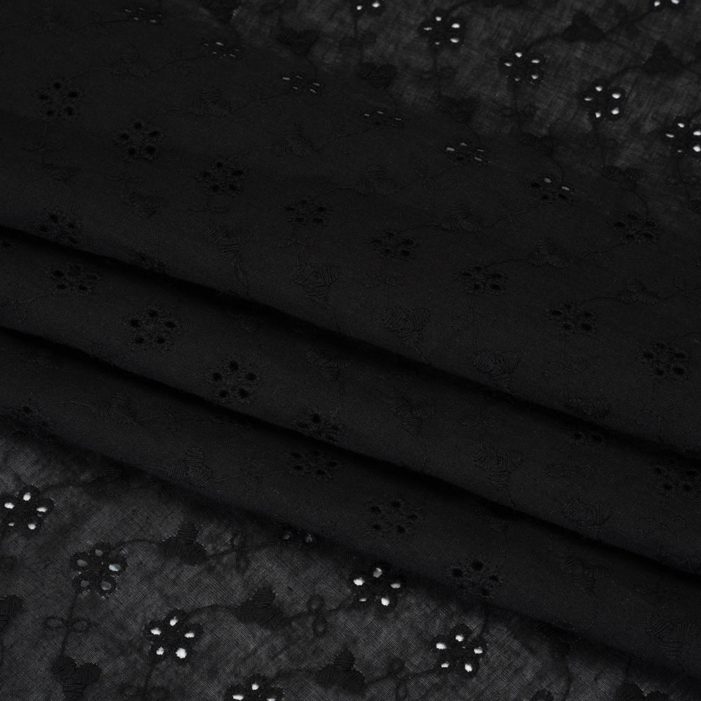 Embroidered Eyelet Cotton Voile - Black Flower Vine - Naomi Collection