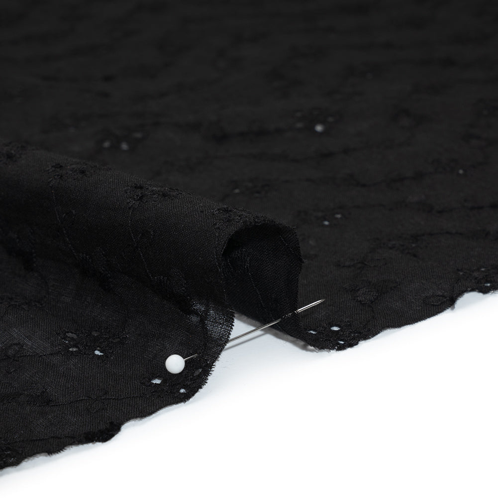 Embroidered Eyelet Cotton Voile - Black Flower Vine - Naomi Collection