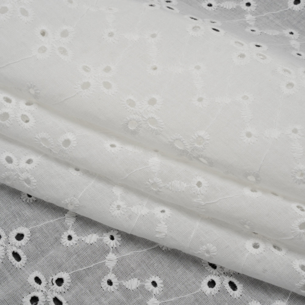 Embroidered Eyelet Cotton Voile - White Floral Zig Zags and Stripes - Naomi Collection