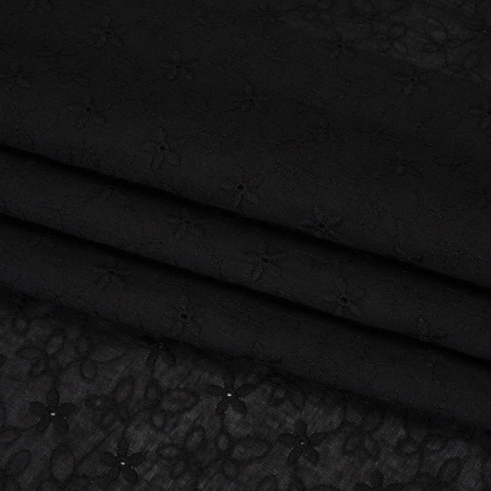 Embroidered Eyelet Cotton Voile - Black Daisies and Leaves - Naomi Collection
