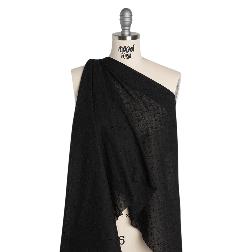 Embroidered Eyelet Cotton Voile - Black Daisies and Leaves - Naomi Collection