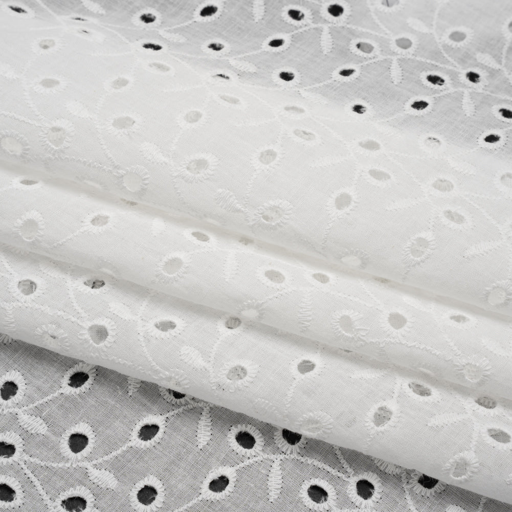 Embroidered Eyelet Cotton Voile - White Leafy Vines - Naomi Collection