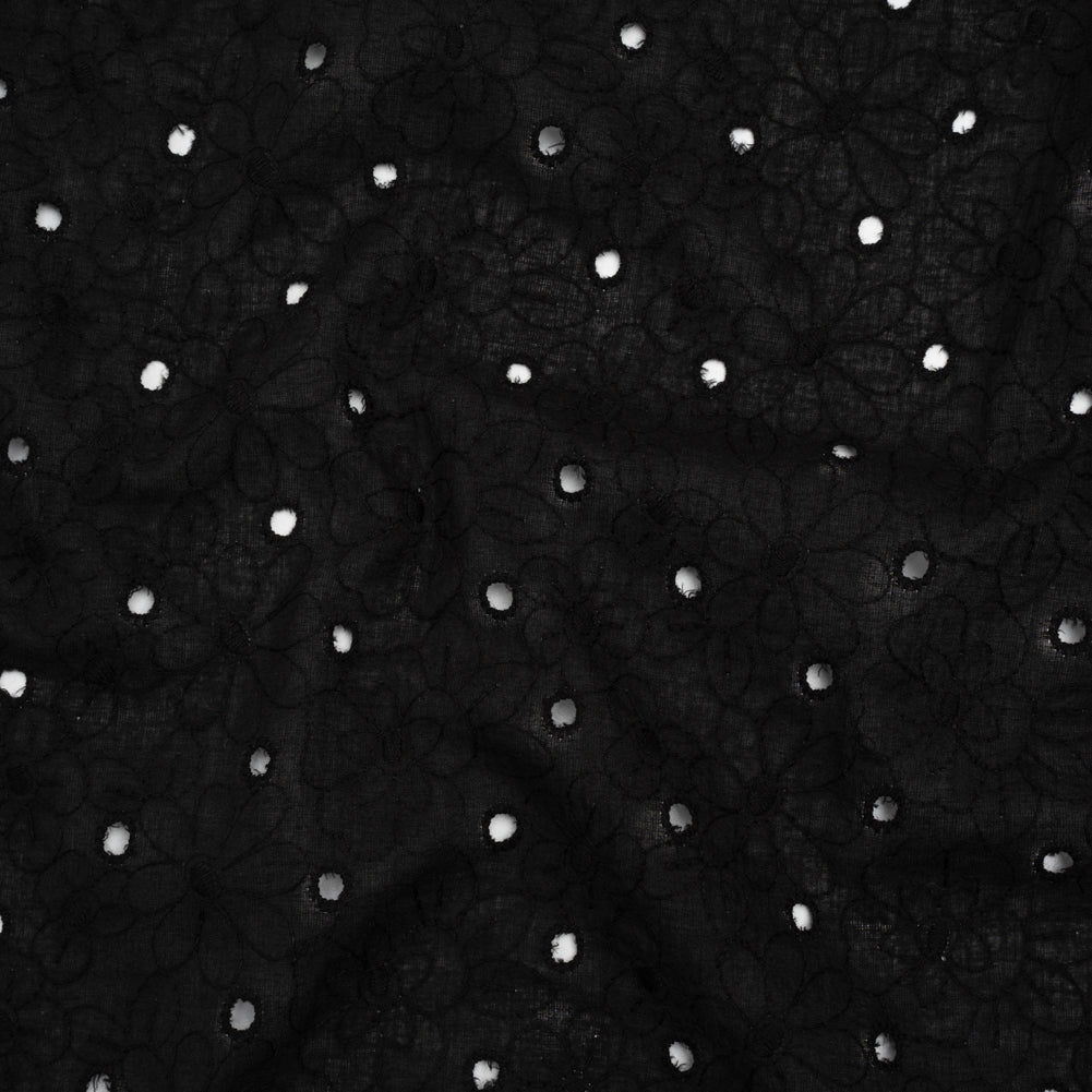 Embroidered Eyelet Cotton Voile - Black Field of Flowers - Naomi Collection