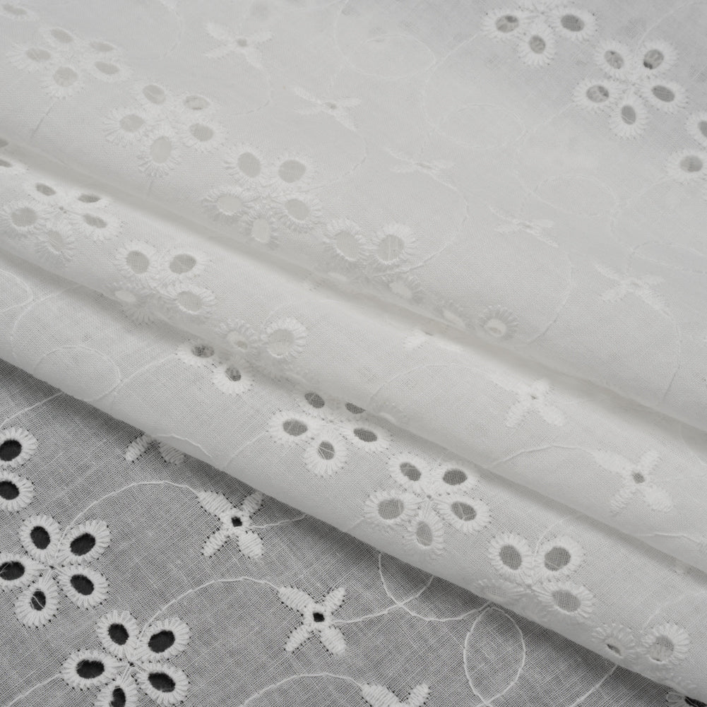 Embroidered Eyelet Cotton Voile - White Rows of Flowers - Naomi Collection