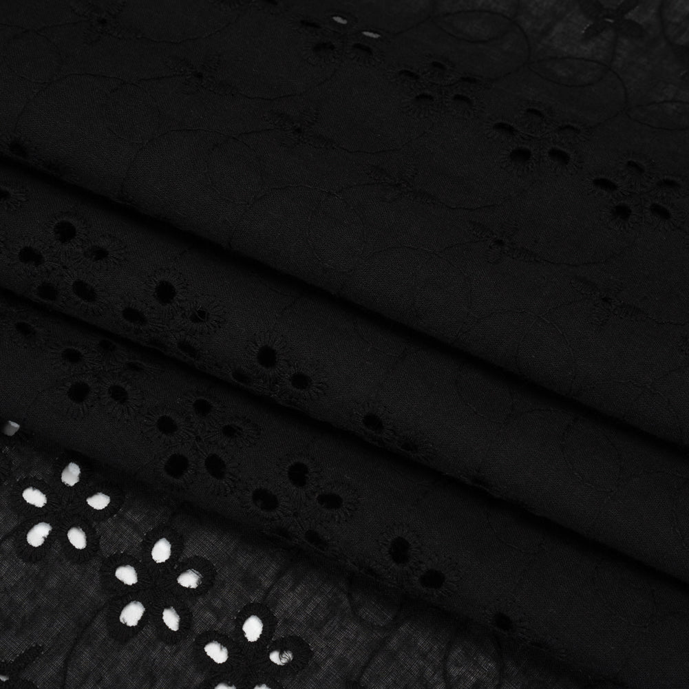 Embroidered Eyelet Cotton Voile - Black Rows of Flowers - Naomi Collection