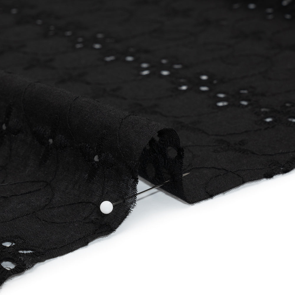 Embroidered Eyelet Cotton Voile - Black Rows of Flowers - Naomi Collection