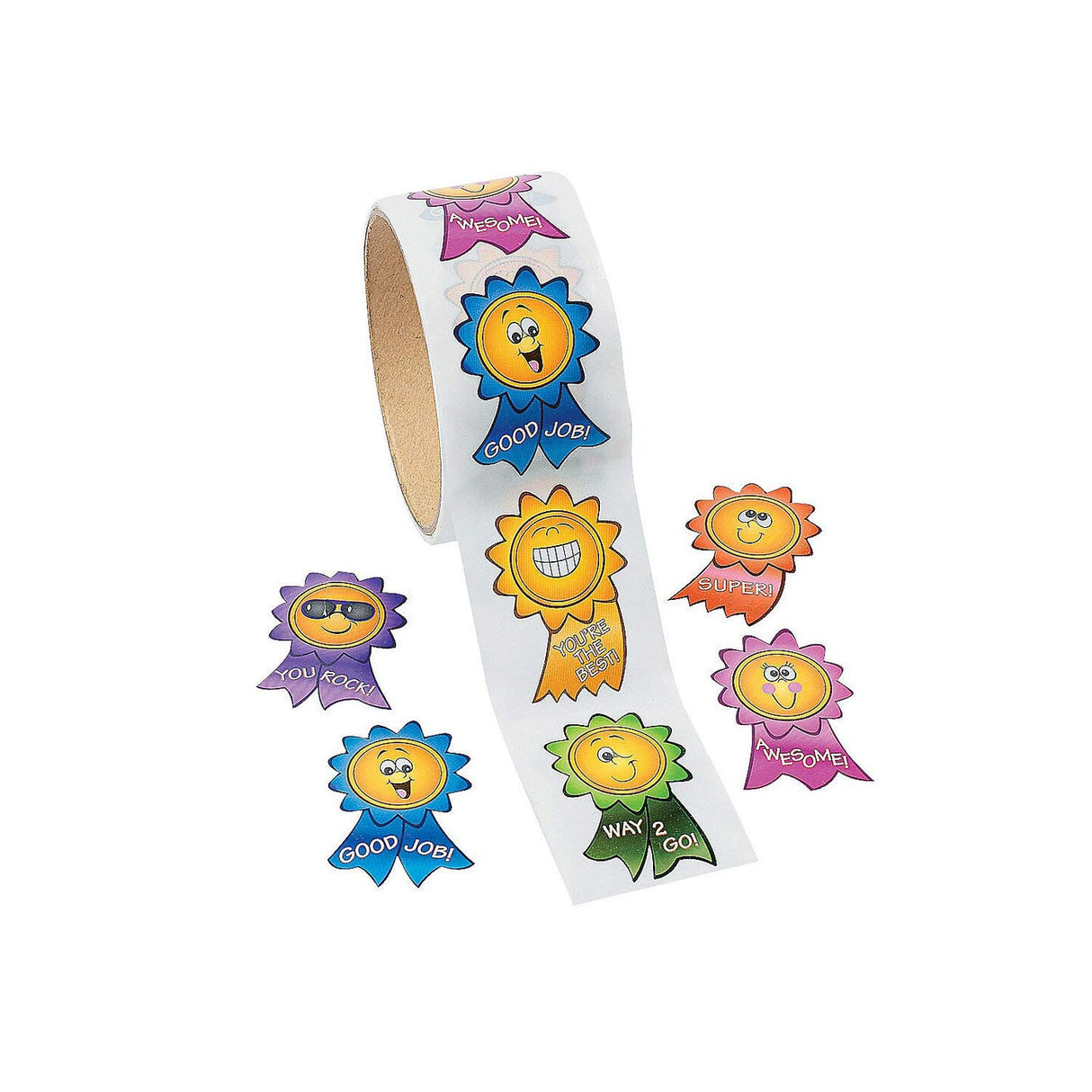 2" Motivational Smile Face Prize Ribbon Multicolor Paper Sticker Roll 100 Pc