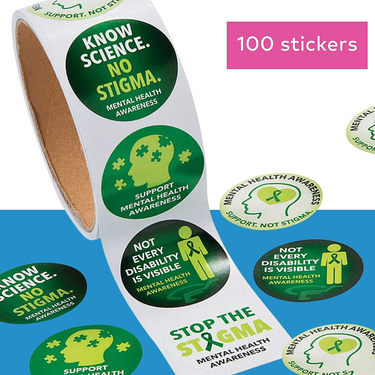 1 1/2" Green Mental Health Awareness Paper Sticker Roll 100 Pc