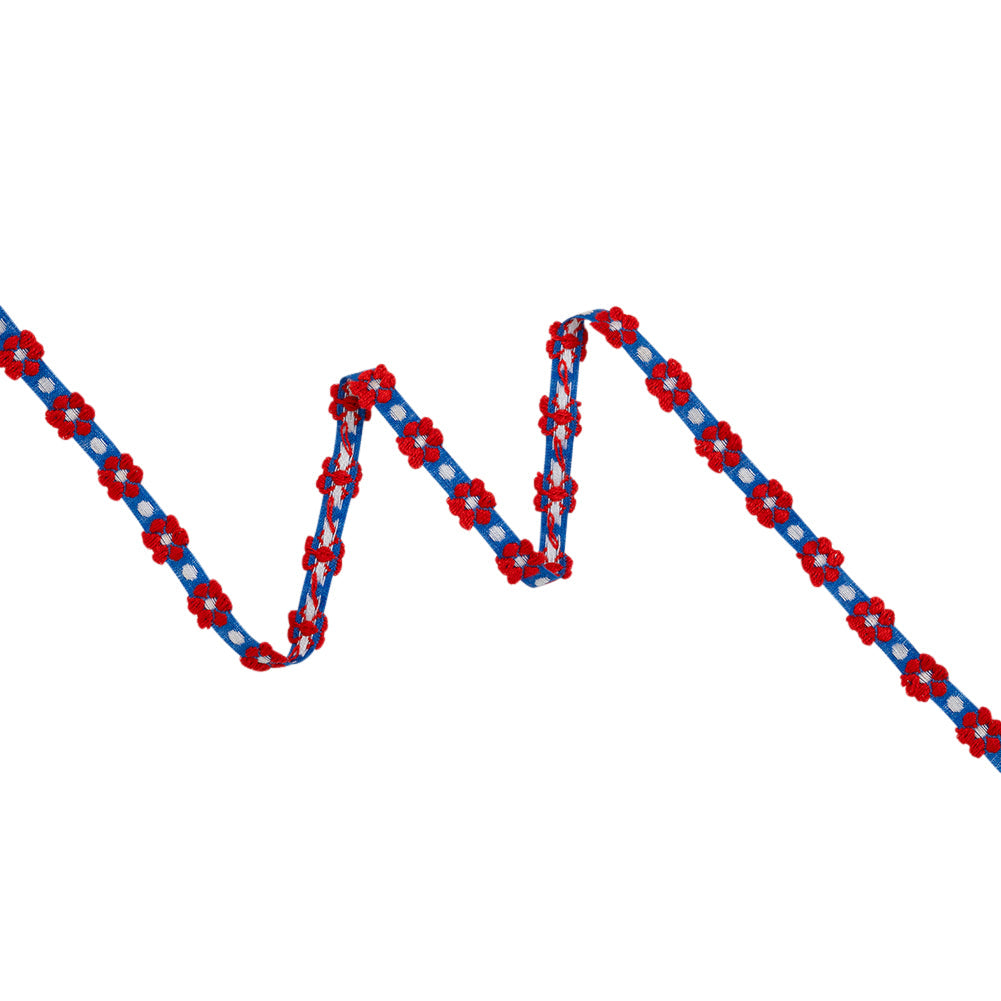 Cotton Jacquard Ribbon - 0.375" - Blue, Red and White Daisies and Dots