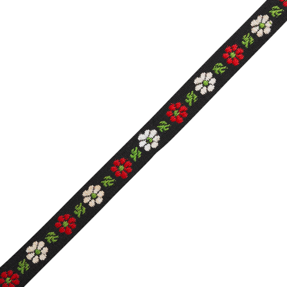 Cotton Jacquard Ribbon - 0.375" - Black, Red and White Daisies and Leaves
