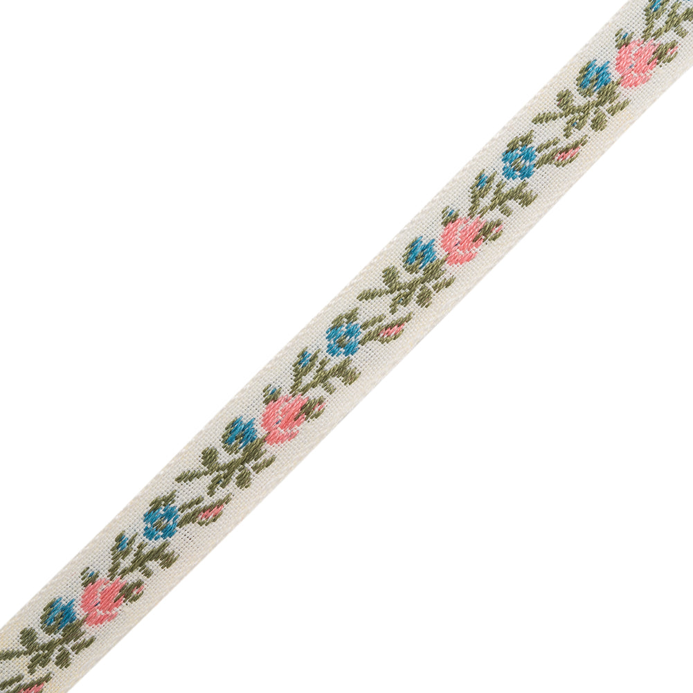 Cotton Jacquard Ribbon - 0.375" - White, Pink and Blue Flowering Vine