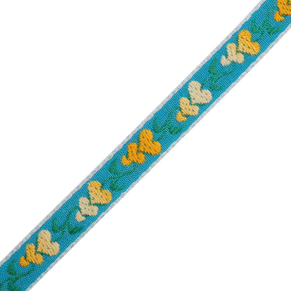 Cotton Jacquard Ribbon - 0.5" - Yellow, Blue and Green Heart Flowers