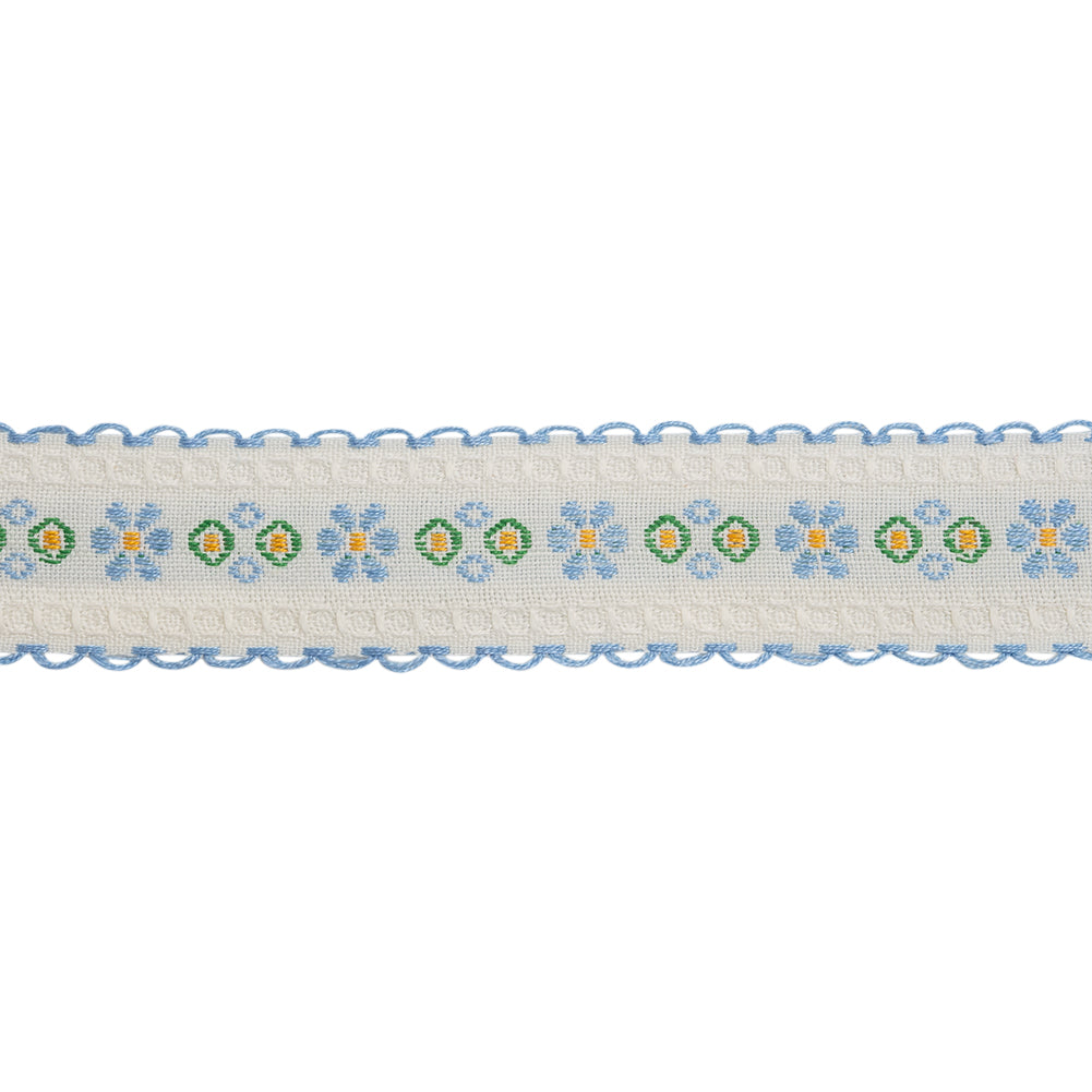 Jacquard Ribbon with Scalloped Edges - 0.875" - French Blue, White and Green Little Daisies and Dots