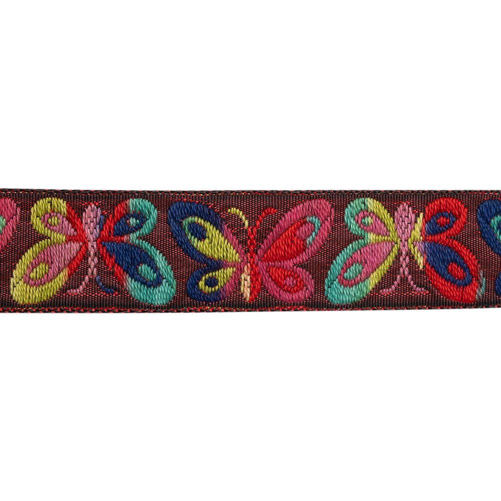 Jacquard Ribbon - 0.875" - Wine Red, Blue and Yellow Fanciful Butterflies