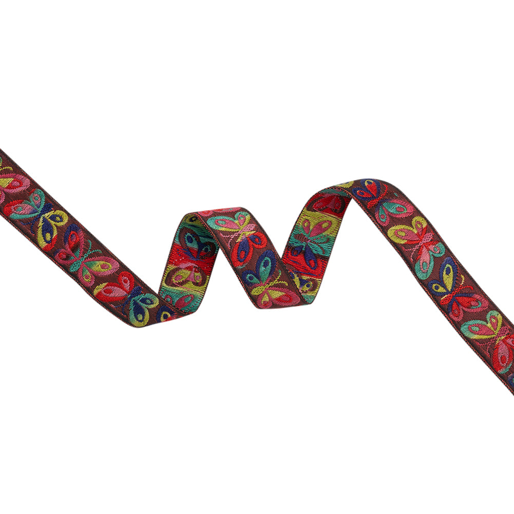 Jacquard Ribbon - 0.875" - Wine Red, Blue and Yellow Fanciful Butterflies