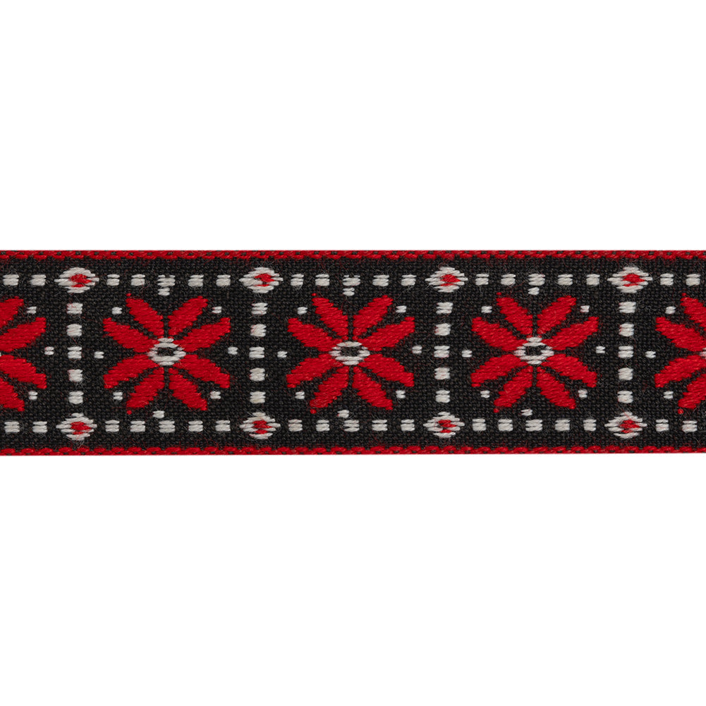 Jacquard Ribbon - 1" - Black, Red and White Flower Blocks