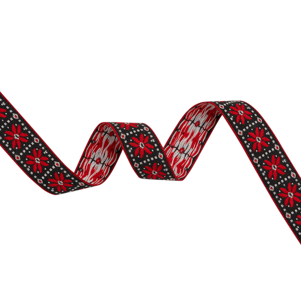Jacquard Ribbon - 1" - Black, Red and White Flower Blocks