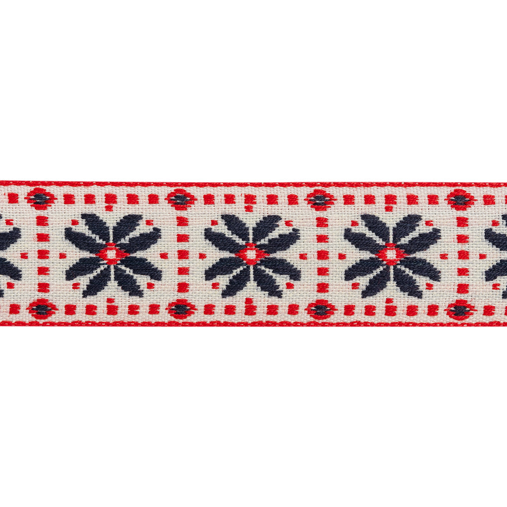 Jacquard Ribbon - 1" - Off White, Red and Navy Flower Blocks