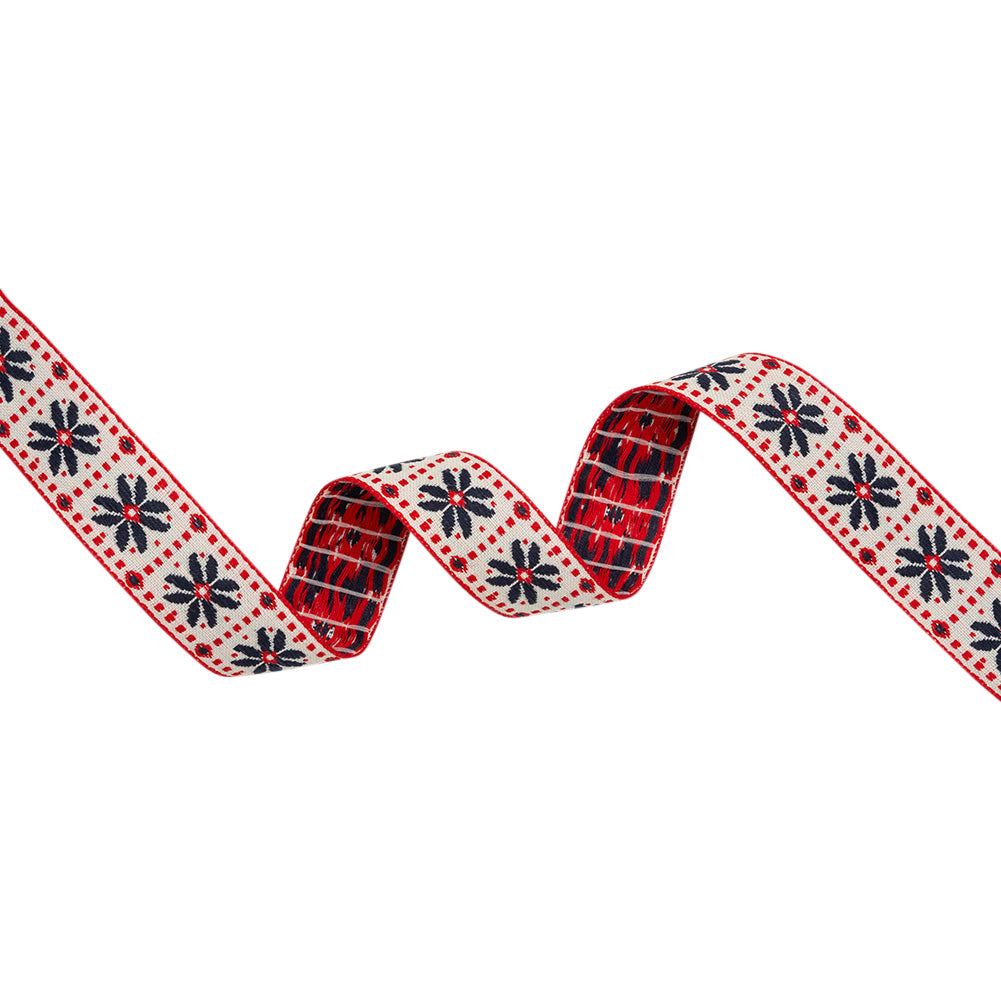 Jacquard Ribbon - 1" - Off White, Red and Navy Flower Blocks
