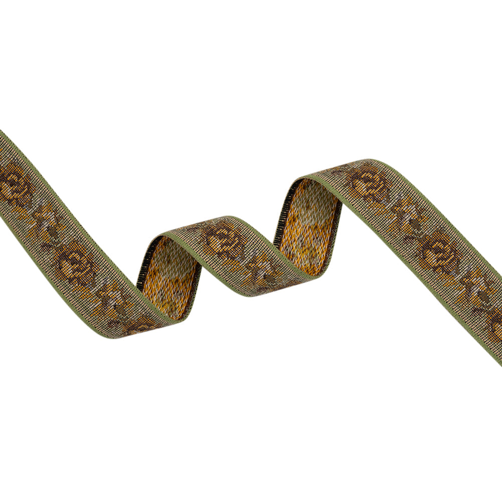 Jacquard Ribbon - 1.125" - Green, Yellow and Brown Rustic Roses