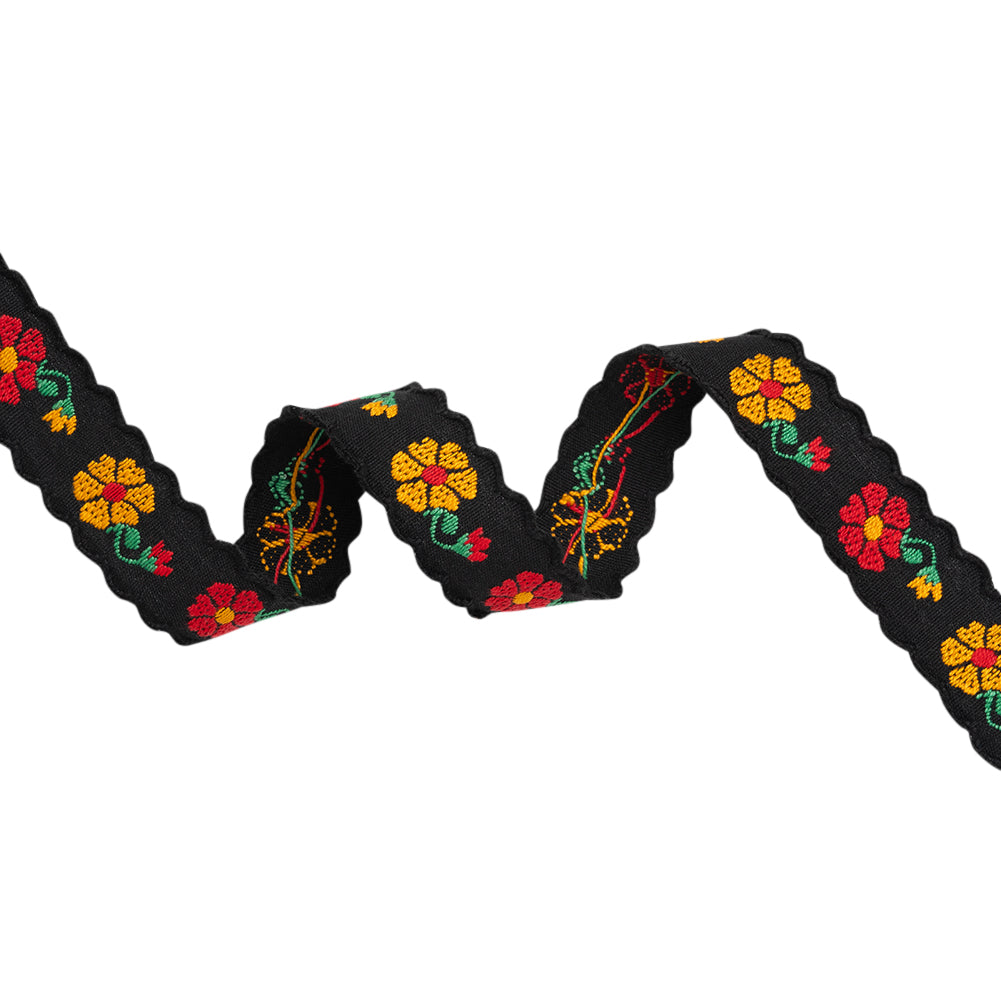 Jacquard Ribbon with Scalloped Edges - 1.125" - Black, Red and Yellow Sunny Flowers