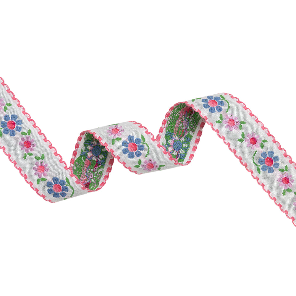 Jacquard Ribbon with Scalloped Edges - 1.375" - Baby Pink, French Blue and Lilac Happy Flowers