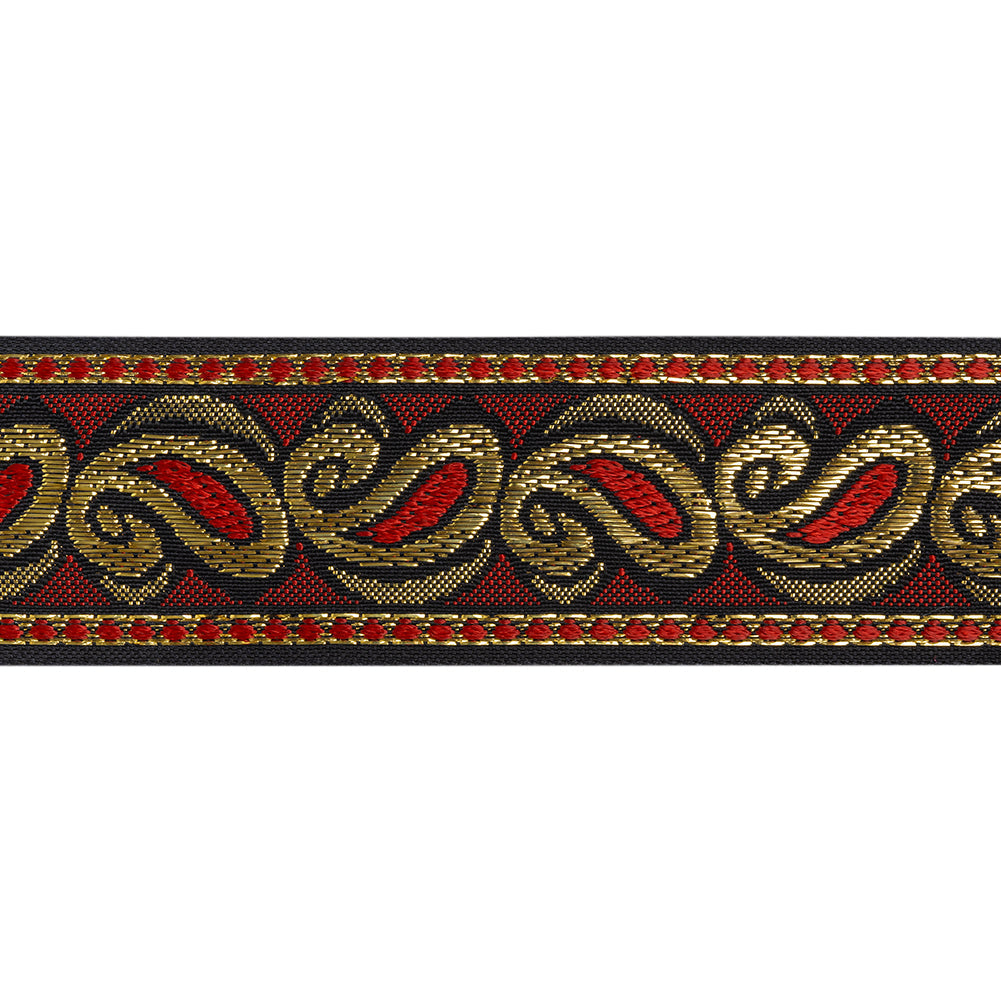 Metallic Jacquard Ribbon - 40mm - Red, Black and Gold Dancing Paisleys