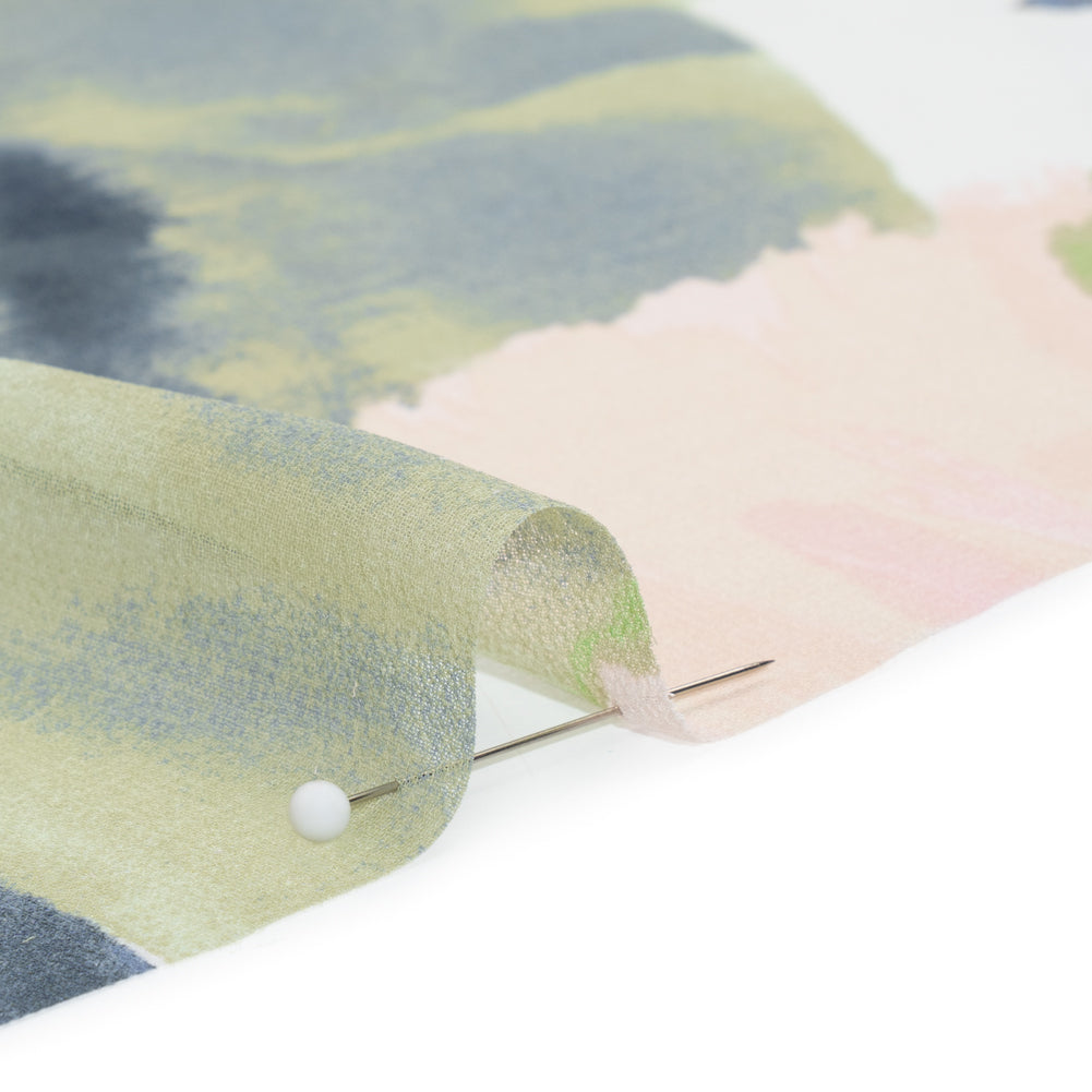 Polyester Georgette - Baby Pink, Lime Green and Navy Blue Painterly Flowers - Designer Deadstock