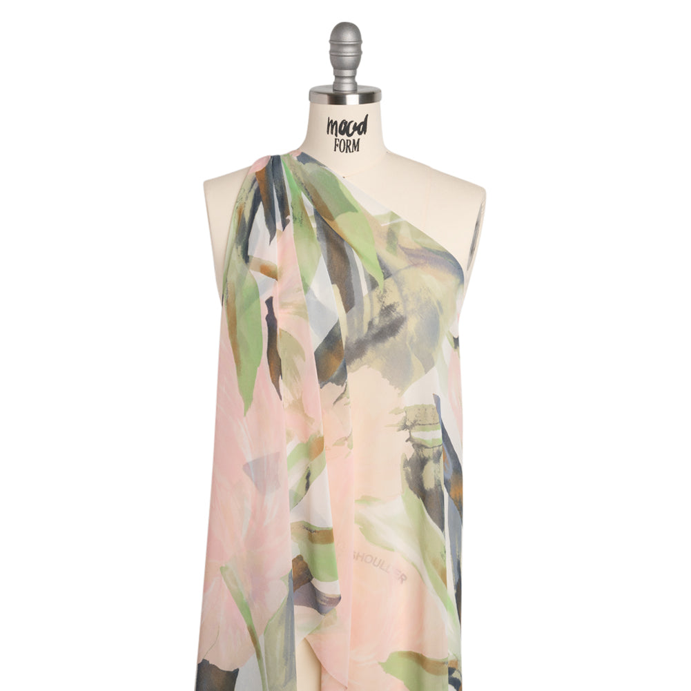 Polyester Georgette - Baby Pink, Lime Green and Navy Blue Painterly Flowers - Designer Deadstock