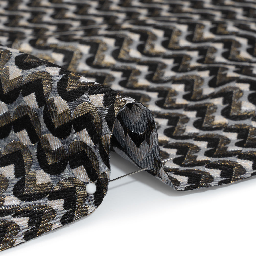 Metallic Stretch Brocade - Gray, Black and White Chevron Circles - Designer Deadstock Made in Italy