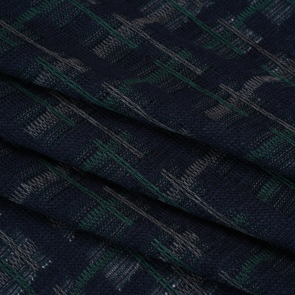 Acrylic Sweater Knit - Navy Blue, Dark Green and Gray Plaid - Designer Deadstock