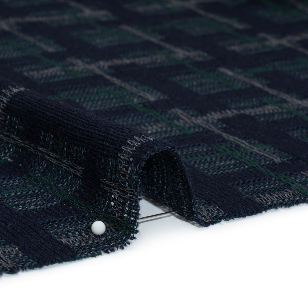 Acrylic Sweater Knit - Navy Blue, Dark Green and Gray Plaid - Designer Deadstock