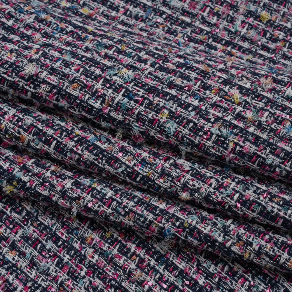 Wool Blend Novelty Tweed - Pink, Navy and White Stripes - Deadstock