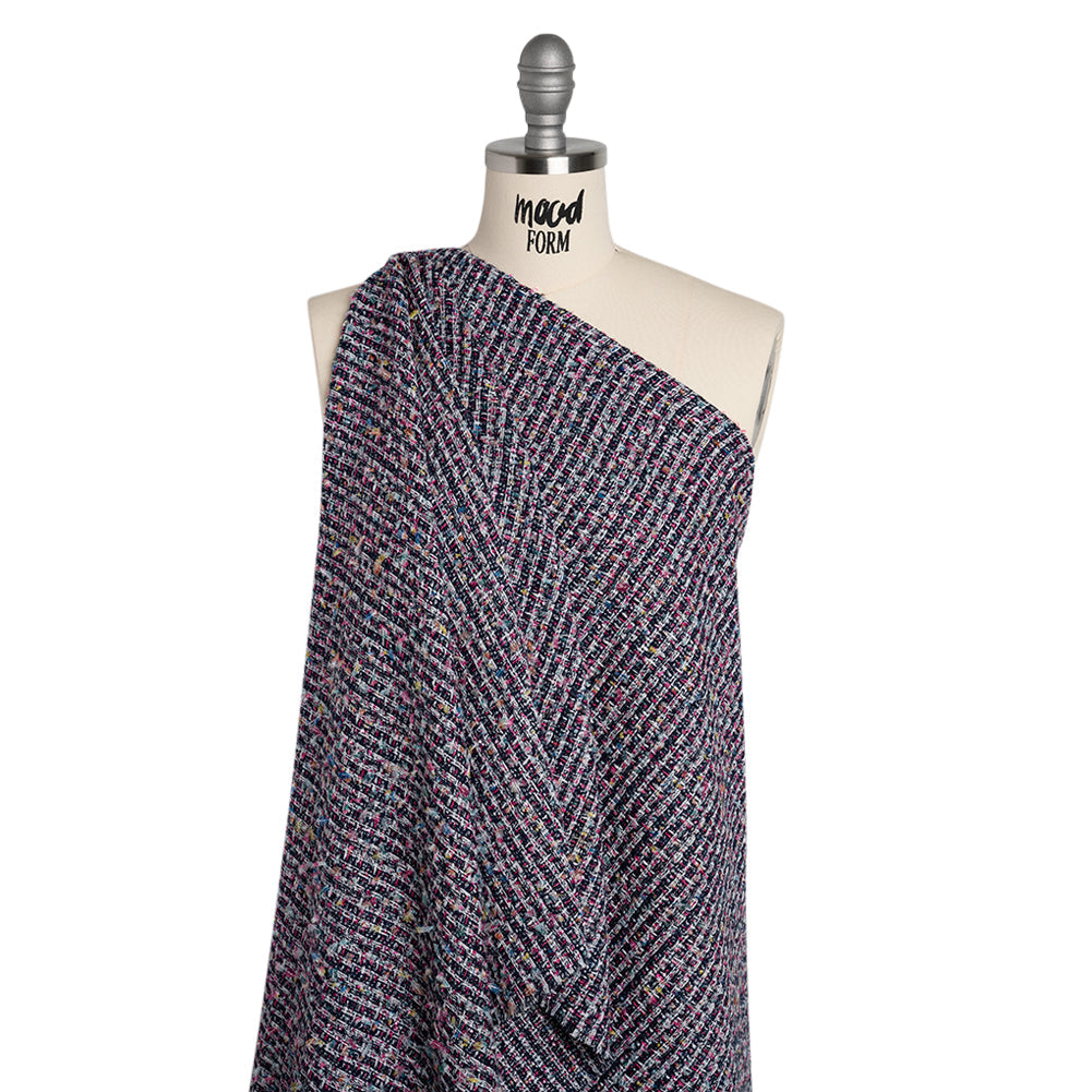 Wool Blend Novelty Tweed - Pink, Navy and White Stripes - Deadstock