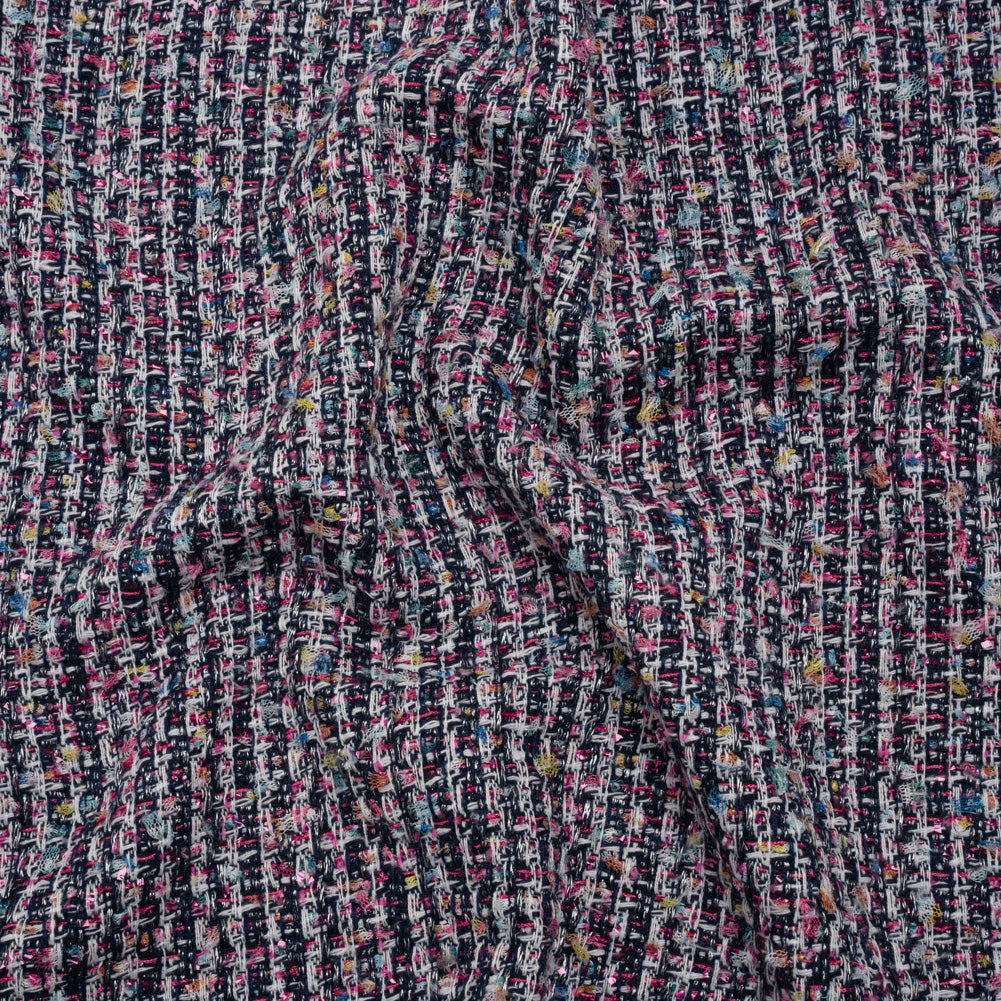 Wool Blend Novelty Tweed - Pink, Navy and White Stripes - Deadstock