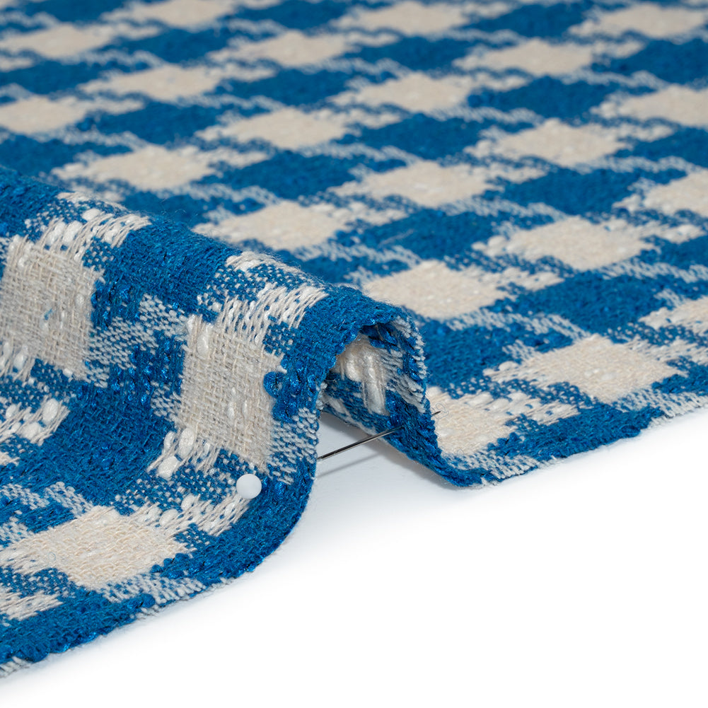 Cotton Blend Slubbed Woven - Blue and White Houndstooth - Deadstock