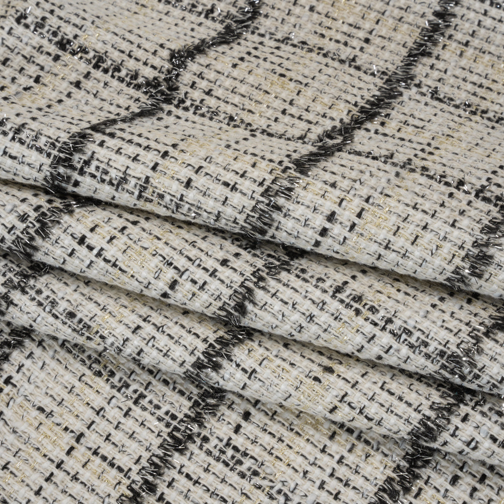 Metallic Polyester Tweed - White, Gold and Black Fringed Windowpane Check