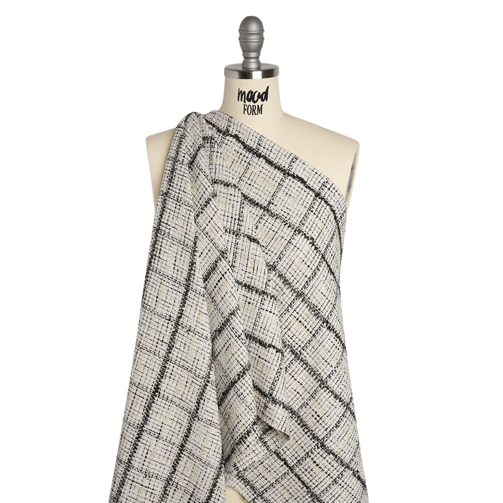 Metallic Polyester Tweed - White, Gold and Black Fringed Windowpane Check