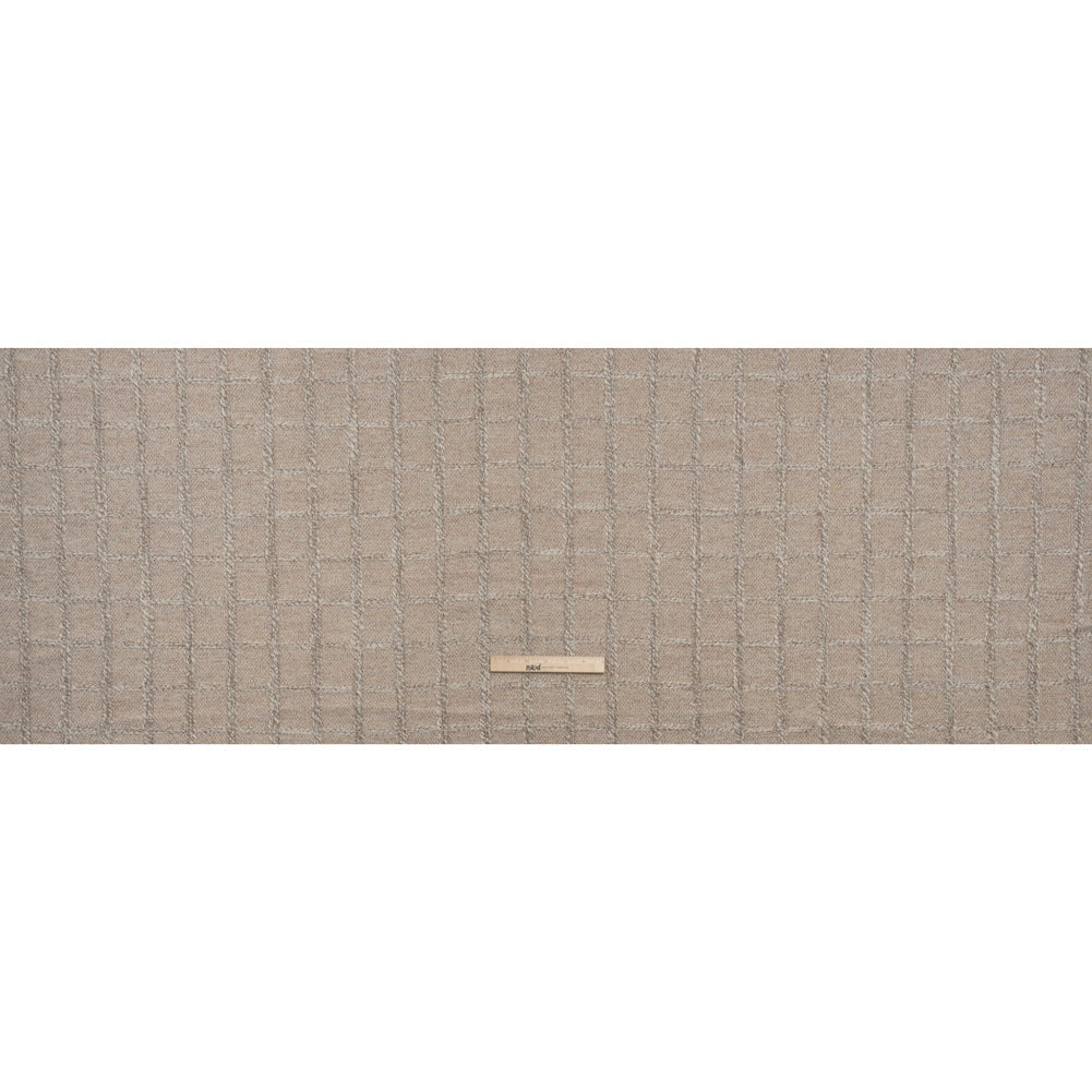 Wool Blend Boucle Tweed - Cream and Taupe Raised Windowpane Checks - Deadstock