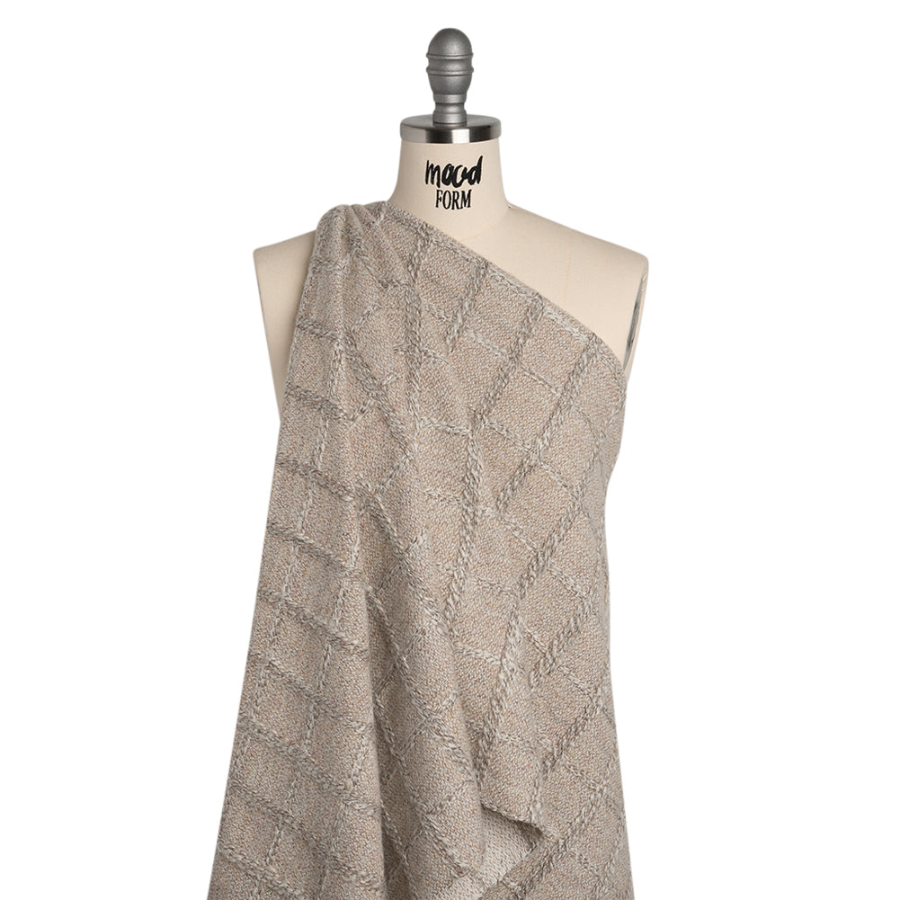 Wool Blend Boucle Tweed - Cream and Taupe Raised Windowpane Checks - Deadstock
