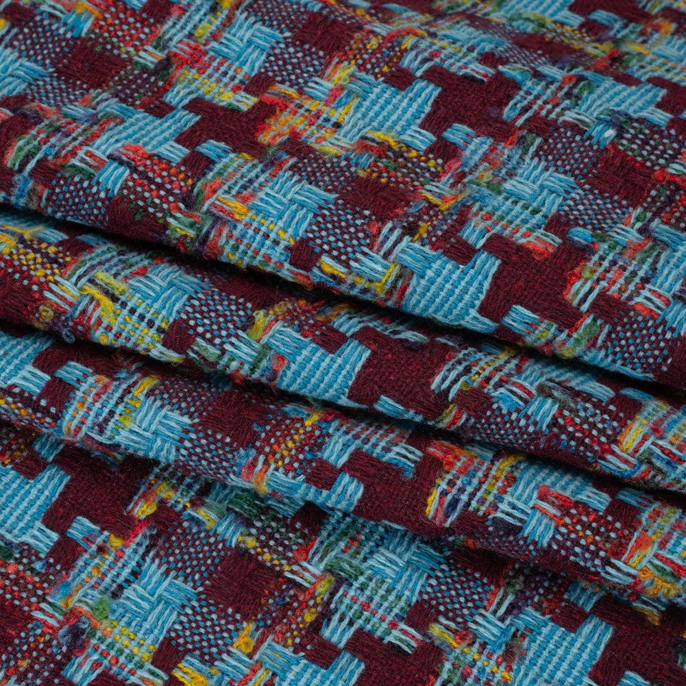Wool Blend Tweedy Boucle Woven - Turquoise, Wine Red and Rainbow Blocky Houndstooth
